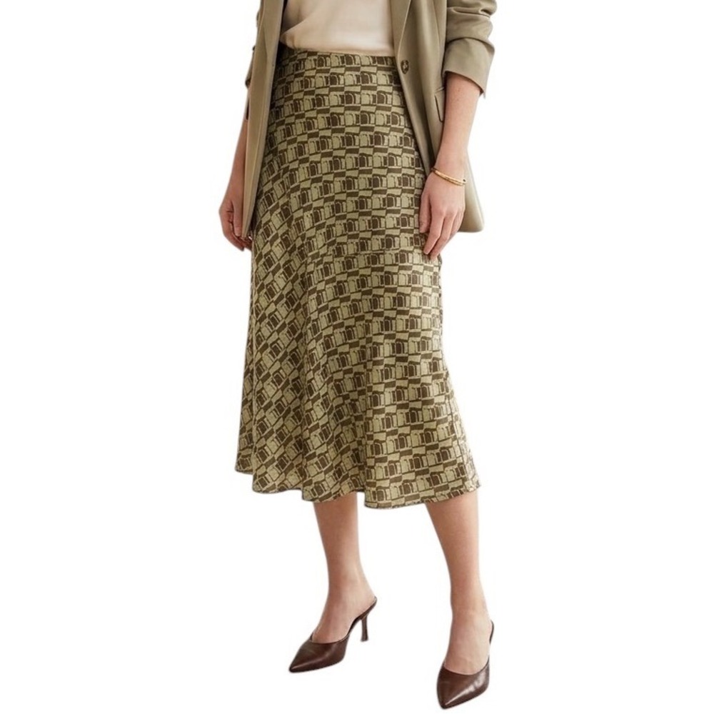 TOAST Silk Skirt Midi Geometric Print Brown Beige Quiet Luxury Classic Size 10